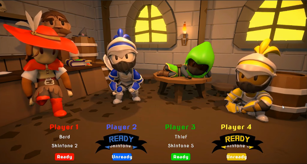 A woman in with a wide red hat. two knights in blue and yellow armour, and a character wearing a green hood stand posed around a tavern.